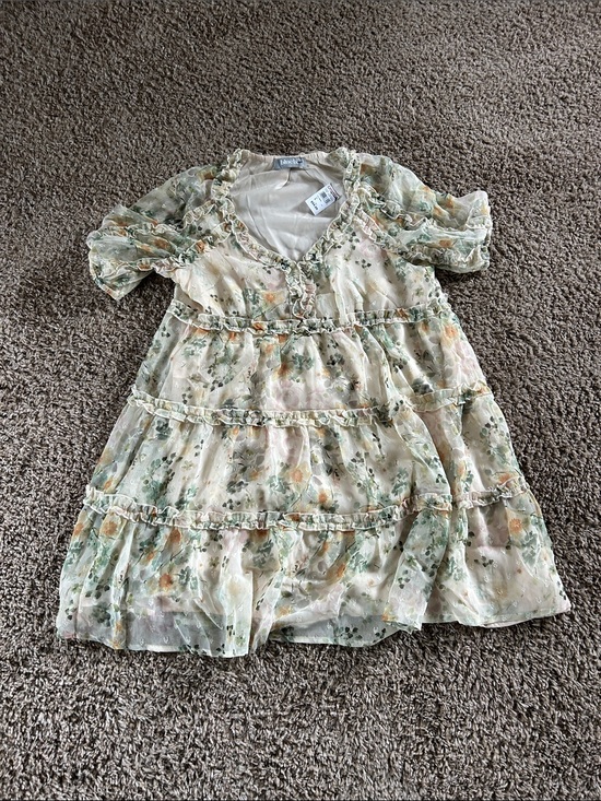 Blue B Collection Dresses & Skirts - Floral Tiered Womens Dress - Light Cream & Green